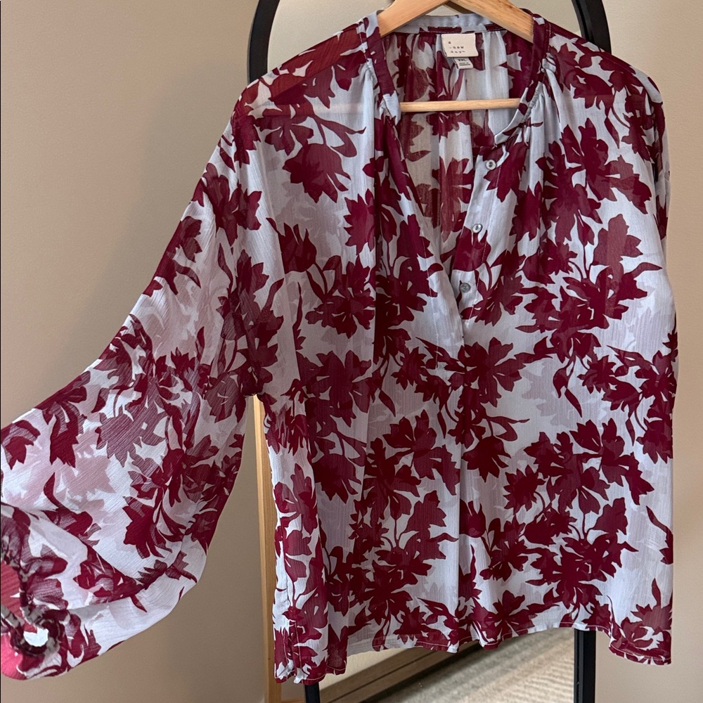 A New Day - Sheer Burgundy / Blue flowy Floral Blouse